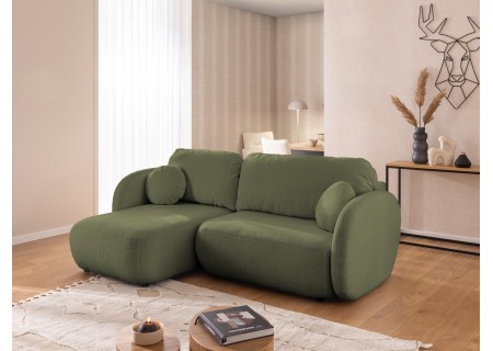 Candy - Modernes Ecksofa in L-Form mit Schlaffunktion und Stauraum aus Bouclé-Stoff, abgerundetes Design und hoher Sitzkomfort