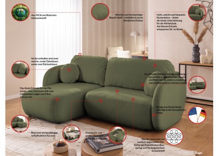 Candy - Modernes Ecksofa in L-Form mit Schlaffunktion und Stauraum aus Bouclé-Stoff, abgerundetes Design und hoher Sitzkomfort