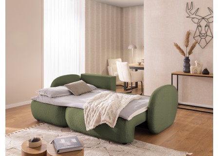 Candy - Modernes Ecksofa in L-Form mit Schlaffunktion und Stauraum aus Bouclé-Stoff, abgerundetes Design und hoher Sitzkomfort