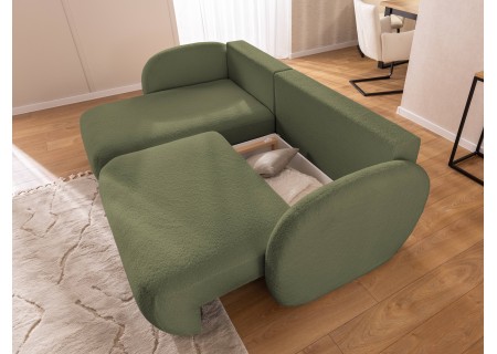 Candy - Modernes Ecksofa in L-Form mit Schlaffunktion und Stauraum aus Bouclé-Stoff, abgerundetes Design und hoher Sitzkomfort