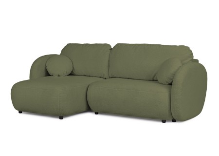 Candy - Modernes Ecksofa in L-Form mit Schlaffunktion und Stauraum aus Bouclé-Stoff, abgerundetes Design und hoher Sitzkomfort