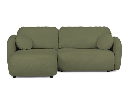 Candy - Modernes Ecksofa in L-Form mit Schlaffunktion und Stauraum aus Bouclé-Stoff, abgerundetes Design und hoher Sitzkomfort