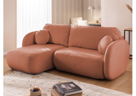 Candy - Modernes Ecksofa in L-Form mit Schlaffunktion und Stauraum aus Bouclé-Stoff, abgerundetes Design und hoher Sitzkomfort