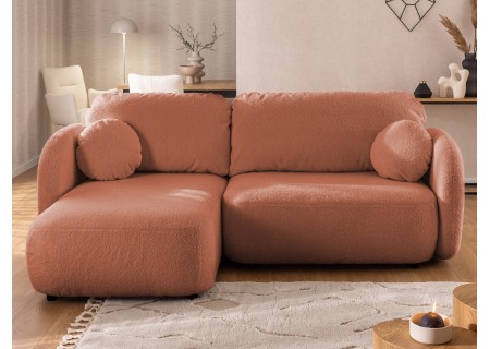 Candy - Modernes Ecksofa in L-Form mit Schlaffunktion und Stauraum aus Bouclé-Stoff, abgerundetes Design und hoher Sitzkomfort