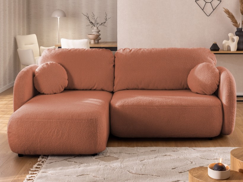 Candy - Modernes Ecksofa in L-Form mit Schlaffunktion und Stauraum aus Bouclé-Stoff, abgerundetes Design und hoher Sitzkomfort