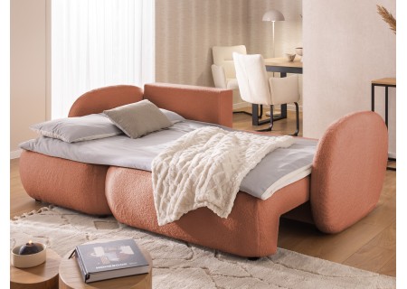 Candy - Modernes Ecksofa in L-Form mit Schlaffunktion und Stauraum aus Bouclé-Stoff, abgerundetes Design und hoher Sitzkomfort