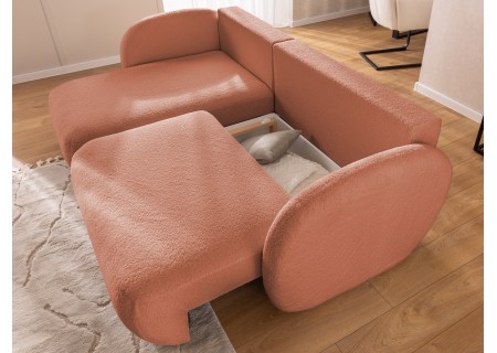 Candy - Modernes Ecksofa in L-Form mit Schlaffunktion und Stauraum aus Bouclé-Stoff, abgerundetes Design und hoher Sitzkomfort