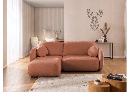 Candy - Modernes Ecksofa in L-Form mit Schlaffunktion und Stauraum aus Bouclé-Stoff, abgerundetes Design und hoher Sitzkomfort