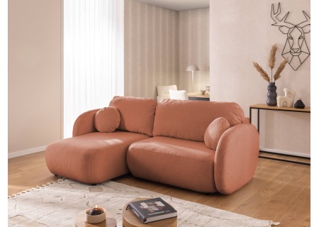 Candy - Modernes Ecksofa in L-Form mit Schlaffunktion und Stauraum aus Bouclé-Stoff, abgerundetes Design und hoher Sitzkomfort