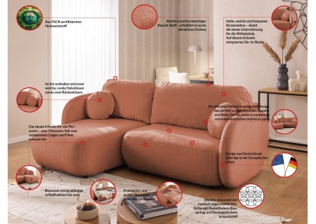 Candy - Modernes Ecksofa in L-Form mit Schlaffunktion und Stauraum aus Bouclé-Stoff, abgerundetes Design und hoher Sitzkomfort