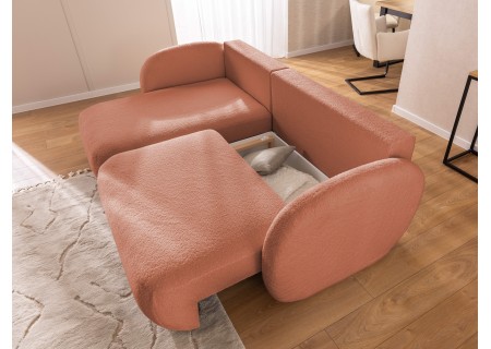 Candy - Modernes Ecksofa in L-Form mit Schlaffunktion und Stauraum aus Bouclé-Stoff, abgerundetes Design und hoher Sitzkomfort