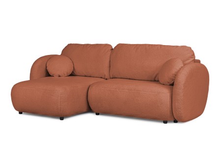 Candy - Modernes Ecksofa in L-Form mit Schlaffunktion und Stauraum aus Bouclé-Stoff, abgerundetes Design und hoher Sitzkomfort
