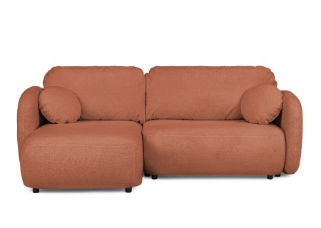 Candy - Modernes Ecksofa in L-Form mit Schlaffunktion und Stauraum aus Bouclé-Stoff, abgerundetes Design und hoher Sitzkomfort