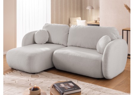 Candy - Modernes Ecksofa in L-Form mit Schlaffunktion und Stauraum aus Bouclé-Stoff, abgerundetes Design und hoher Sitzkomfort