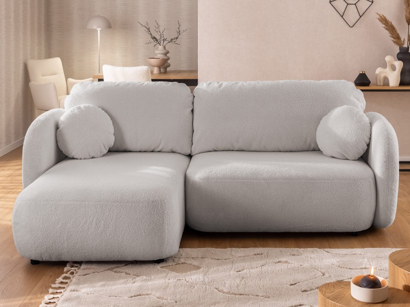 Candy - Modernes Ecksofa in L-Form mit Schlaffunktion und Stauraum aus Bouclé-Stoff, abgerundetes Design und hoher Sitzkomfort