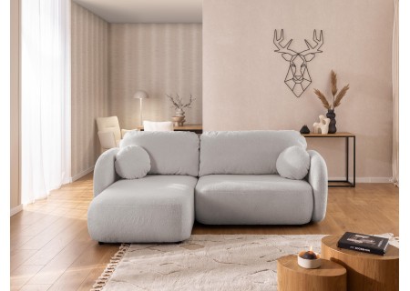 Candy - Modernes Ecksofa in L-Form mit Schlaffunktion und Stauraum aus Bouclé-Stoff, abgerundetes Design und hoher Sitzkomfort