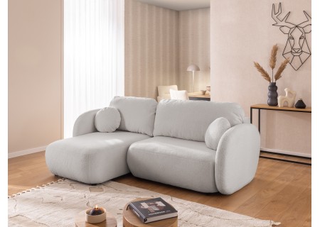 Candy - Modernes Ecksofa in L-Form mit Schlaffunktion und Stauraum aus Bouclé-Stoff, abgerundetes Design und hoher Sitzkomfort