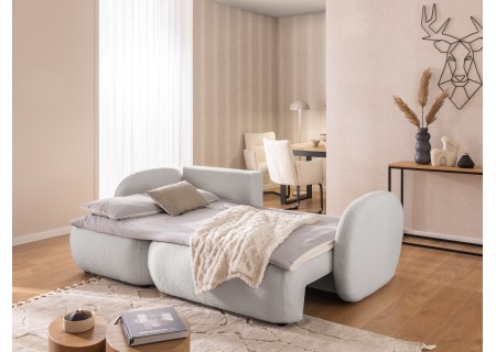 Candy - Modernes Ecksofa in L-Form mit Schlaffunktion und Stauraum aus Bouclé-Stoff, abgerundetes Design und hoher Sitzkomfort