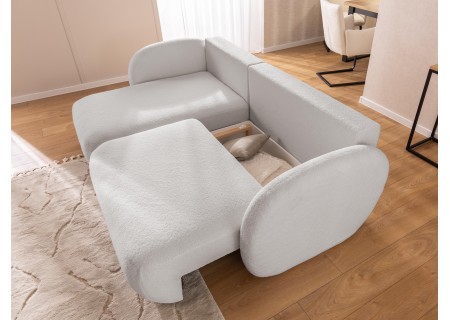 Candy - Modernes Ecksofa in L-Form mit Schlaffunktion und Stauraum aus Bouclé-Stoff, abgerundetes Design und hoher Sitzkomfort