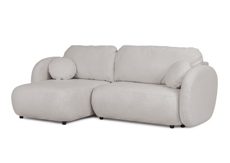 Candy - Modernes Ecksofa in L-Form mit Schlaffunktion und Stauraum aus Bouclé-Stoff, abgerundetes Design und hoher Sitzkomfort