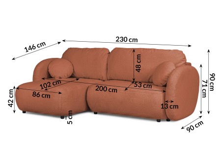Candy - Modernes Ecksofa in L-Form mit Schlaffunktion und Stauraum aus Bouclé-Stoff, abgerundetes Design und hoher Sitzkomfort