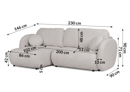 Candy - Modernes Ecksofa in L-Form mit Schlaffunktion und Stauraum aus Bouclé-Stoff, abgerundetes Design und hoher Sitzkomfort