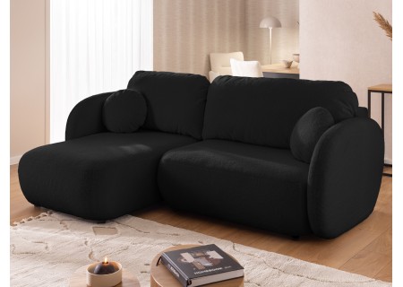 Candy - Modernes Ecksofa in L-Form mit Schlaffunktion und Stauraum aus Bouclé-Stoff, abgerundetes Design und hoher Sitzkomfort