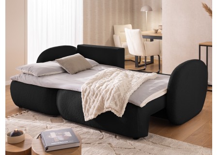 Candy - Modernes Ecksofa in L-Form mit Schlaffunktion und Stauraum aus Bouclé-Stoff, abgerundetes Design und hoher Sitzkomfort