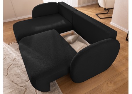 Candy - Modernes Ecksofa in L-Form mit Schlaffunktion und Stauraum aus Bouclé-Stoff, abgerundetes Design und hoher Sitzkomfort