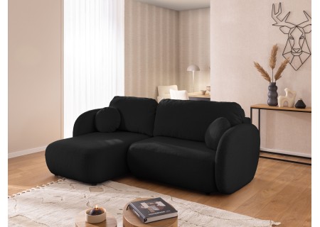 Candy - Modernes Ecksofa in L-Form mit Schlaffunktion und Stauraum aus Bouclé-Stoff, abgerundetes Design und hoher Sitzkomfort