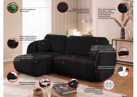 Candy - Modernes Ecksofa in L-Form mit Schlaffunktion und Stauraum aus Bouclé-Stoff, abgerundetes Design und hoher Sitzkomfort