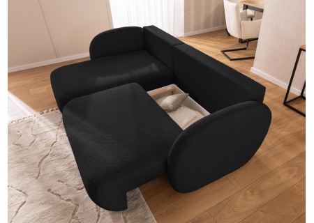 Candy - Modernes Ecksofa in L-Form mit Schlaffunktion und Stauraum aus Bouclé-Stoff, abgerundetes Design und hoher Sitzkomfort