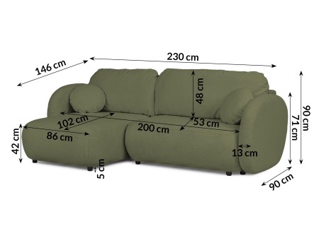 Candy - Modernes Ecksofa in L-Form mit Schlaffunktion und Stauraum aus Bouclé-Stoff, abgerundetes Design und hoher Sitzkomfort