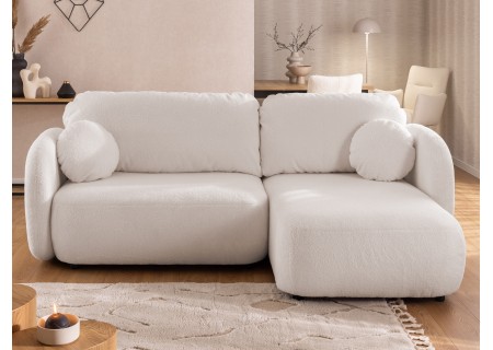 Candy - Modernes Ecksofa in L-Form mit Schlaffunktion und Stauraum aus Bouclé-Stoff, abgerundetes Design und hoher Sitzkomfort