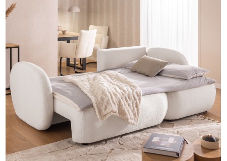 Candy - Modernes Ecksofa in L-Form mit Schlaffunktion und Stauraum aus Bouclé-Stoff, abgerundetes Design und hoher Sitzkomfort