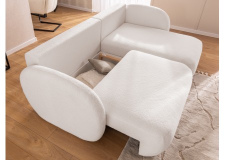 Candy - Modernes Ecksofa in L-Form mit Schlaffunktion und Stauraum aus Bouclé-Stoff, abgerundetes Design und hoher Sitzkomfort