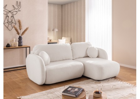 Candy - Modernes Ecksofa in L-Form mit Schlaffunktion und Stauraum aus Bouclé-Stoff, abgerundetes Design und hoher Sitzkomfort