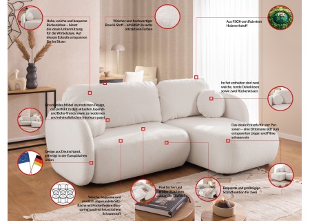 Candy - Modernes Ecksofa in L-Form mit Schlaffunktion und Stauraum aus Bouclé-Stoff, abgerundetes Design und hoher Sitzkomfort