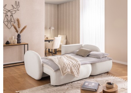 Candy - Modernes Ecksofa in L-Form mit Schlaffunktion und Stauraum aus Bouclé-Stoff, abgerundetes Design und hoher Sitzkomfort