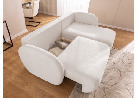 Candy - Modernes Ecksofa in L-Form mit Schlaffunktion und Stauraum aus Bouclé-Stoff, abgerundetes Design und hoher Sitzkomfort