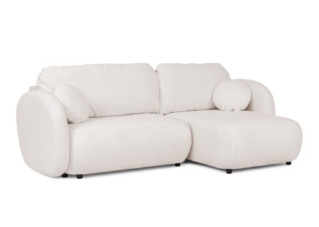 Candy - Modernes Ecksofa in L-Form mit Schlaffunktion und Stauraum aus Bouclé-Stoff, abgerundetes Design und hoher Sitzkomfort