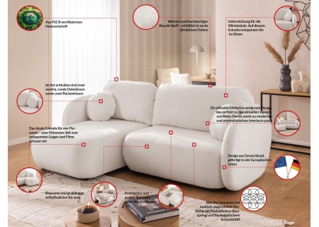 Candy - Modernes Ecksofa in L-Form mit Schlaffunktion und Stauraum aus Bouclé-Stoff, abgerundetes Design und hoher Sitzkomfort