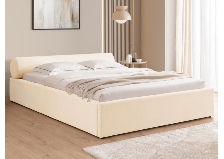 Josy - Designer-Polsterbett mit zylinderförmigem gepolstertem Kopfteil aus Chenille-Stoff mit Lattenrost und großem Bettkasten