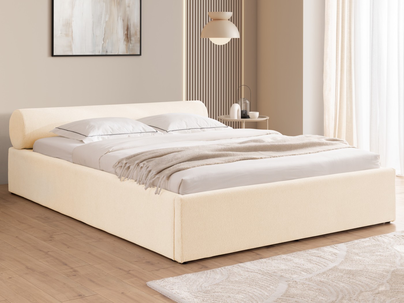 Josy - Designer-Polsterbett mit zylinderförmigem gepolstertem Kopfteil aus Chenille-Stoff mit Lattenrost und großem Bettkasten