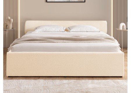 Josy - Designer-Polsterbett mit zylinderförmigem gepolstertem Kopfteil aus Chenille-Stoff mit Lattenrost und großem Bettkasten