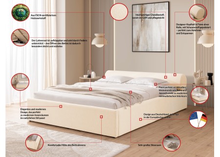 Josy - Designer-Polsterbett mit zylinderförmigem gepolstertem Kopfteil aus Chenille-Stoff mit Lattenrost und großem Bettkasten