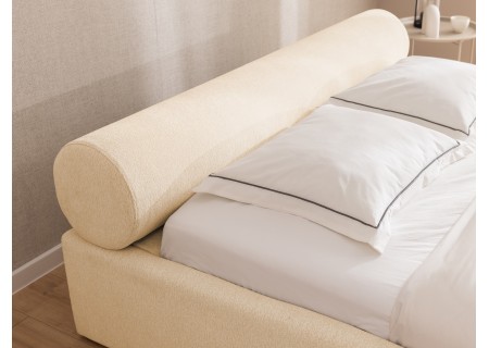 Josy - Designer-Polsterbett mit zylinderförmigem gepolstertem Kopfteil aus Chenille-Stoff mit Lattenrost und großem Bettkasten