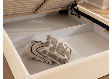 Josy - Designer-Polsterbett mit zylinderförmigem gepolstertem Kopfteil aus Chenille-Stoff mit Lattenrost und großem Bettkasten