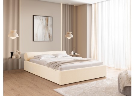 Josy - Designer-Polsterbett mit zylinderförmigem gepolstertem Kopfteil aus Chenille-Stoff mit Lattenrost und großem Bettkasten