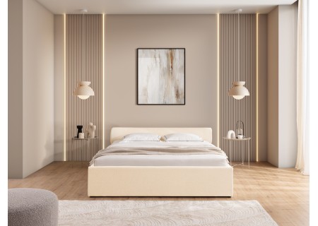 Josy - Designer-Polsterbett mit zylinderförmigem gepolstertem Kopfteil aus Chenille-Stoff mit Lattenrost und großem Bettkasten